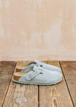Birkenstock Narrow Boston Suede Clogs In Pure Sage