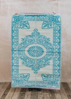 Rice Outdoor Recycled Plastic Carpet In Blue With Flower Borders, 180cm X 120cm -Burford Garden Sale Outdoor Plastic Carpet in Blue With Flower Border DSC 1932